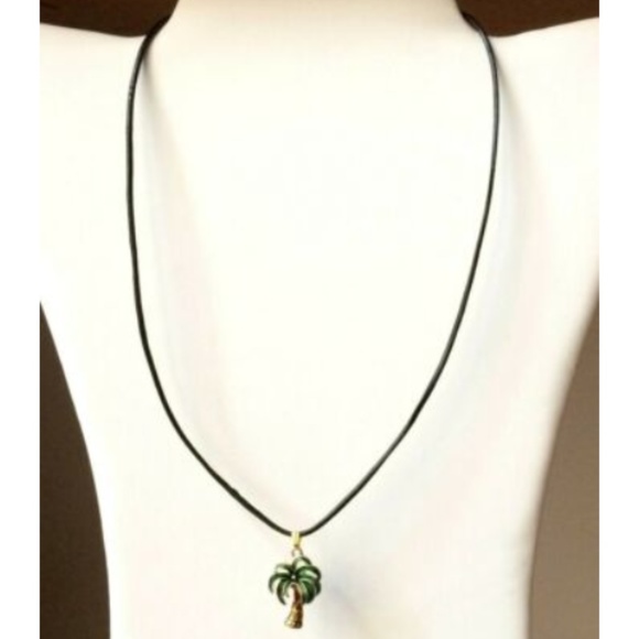 Gold Coconut Palm Tree Necklace Island Beach 21" Green Enamel Black Leather Cord - Picture 3 of 8